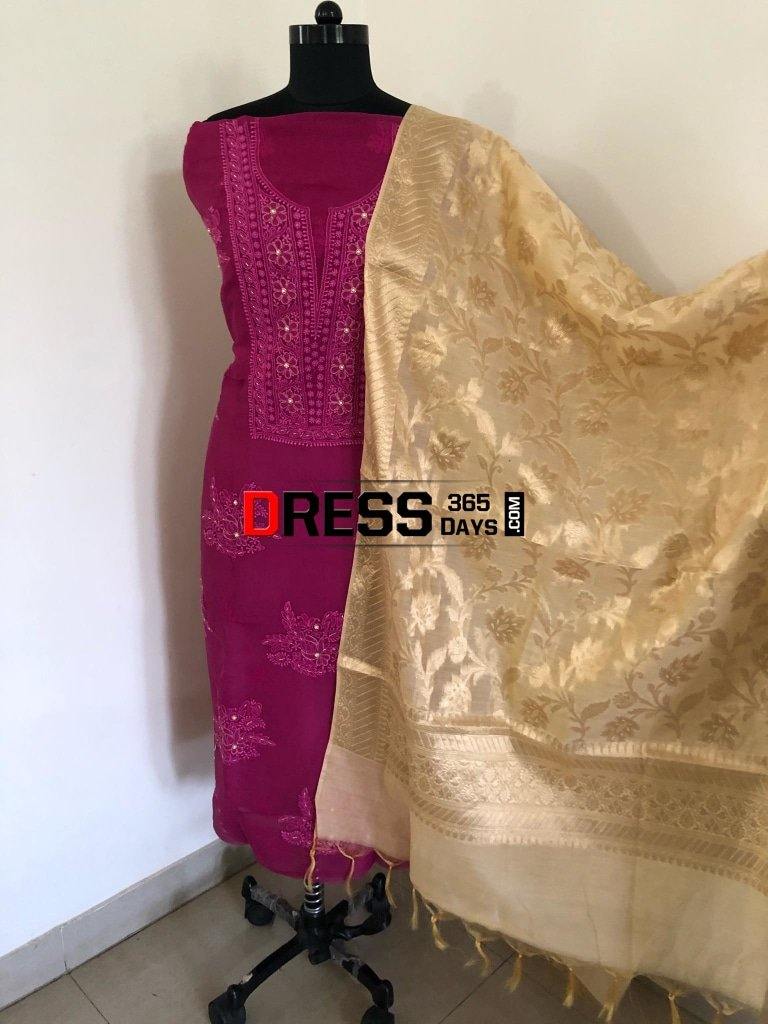 Women's Pink Banarasi Cotton Un-stitched Salwar Suit With Rainbow Banarasi  Dupatta - Blissta - 2938447